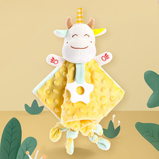 Doudou bebe jaune avec un joli visage de vache souriant