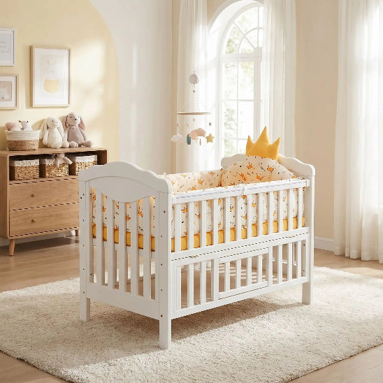 Tour de lit pour cododo jaune blanche motif couronne embellisant