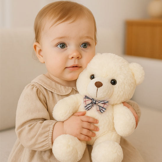 Ours en peluche doux au toucher dans les bras de bébé