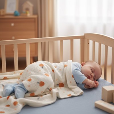 Couverture bébé champignon eparpillé sur la couverture.