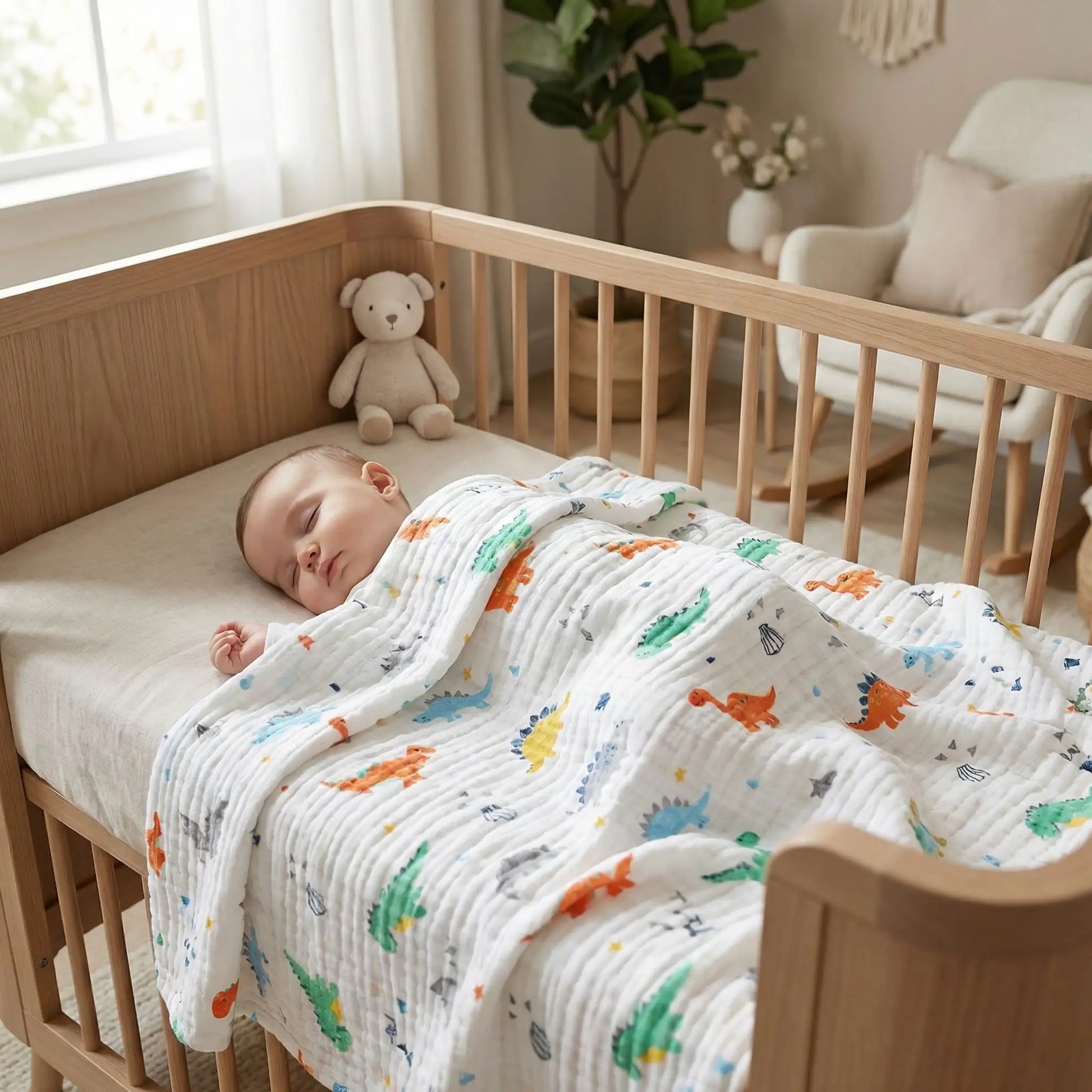 Couverture emmaillotage bébé dinosaure confortable sur bébé