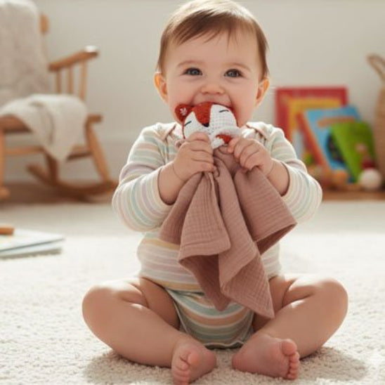 Doudou renard tête crochetée amovible servant de hochet, jouet dentition