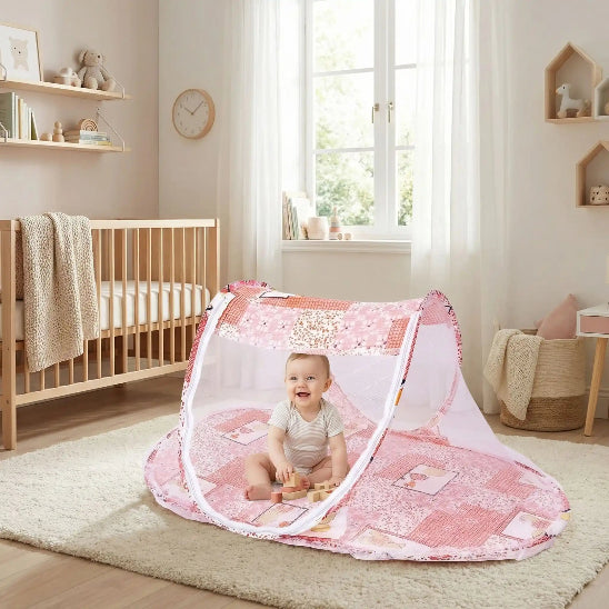 Lit pour bebe en toile vieux rose pour détente bébé