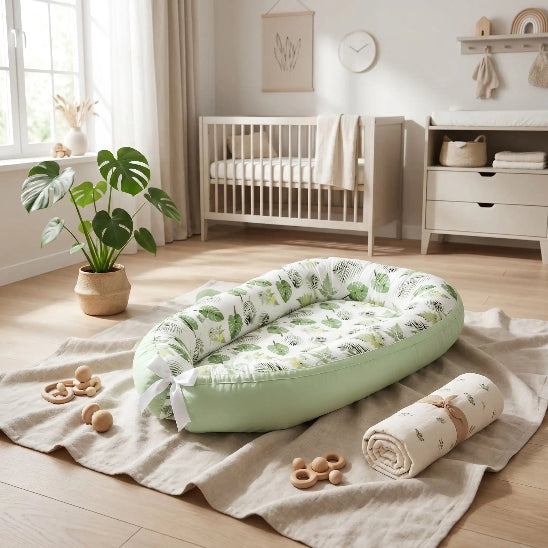 Reducteur de lit cododo vert blanc motif feuille