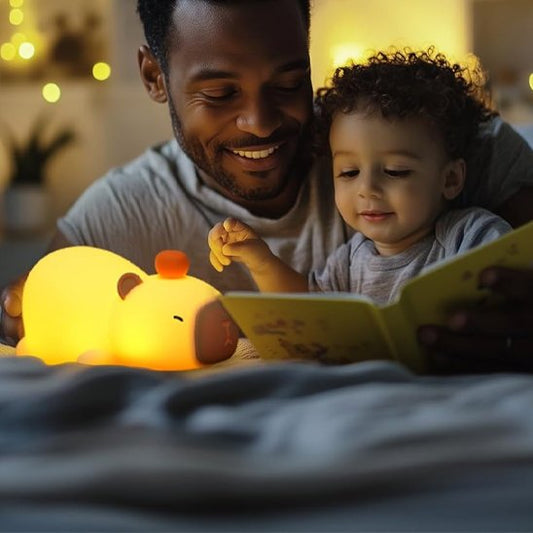 Veilleuse bébé forme animale accompagne bébé pendant sa lecture avec papa